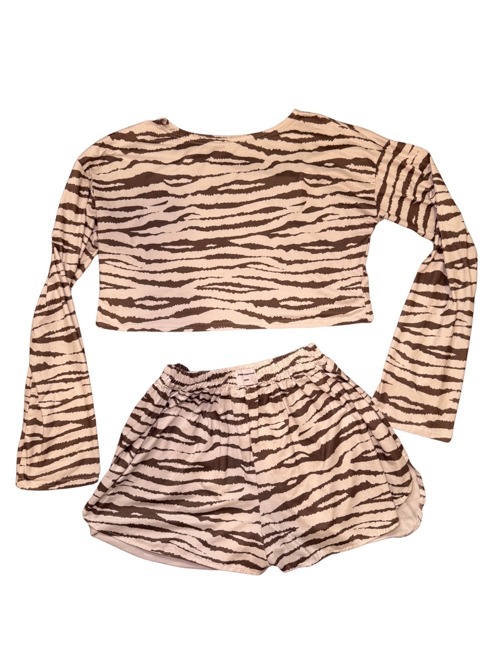 SHEIN Beige and Brown Zebra Print Long Sleeve Crop Top & Shorts Pajama Set